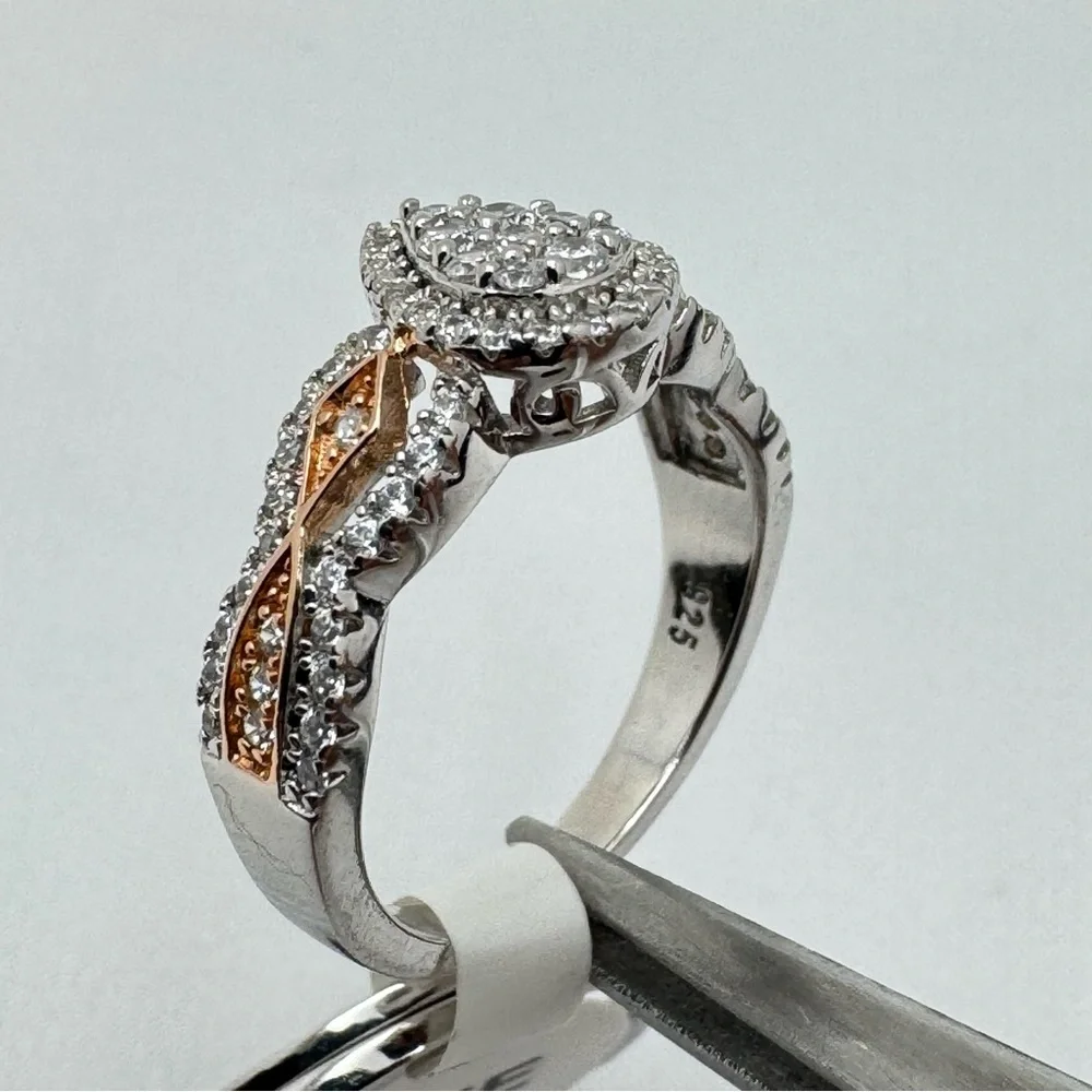 Sterling Silver 3-Band Pear Halo CZ Ring Wedding Bridal Size 5.5